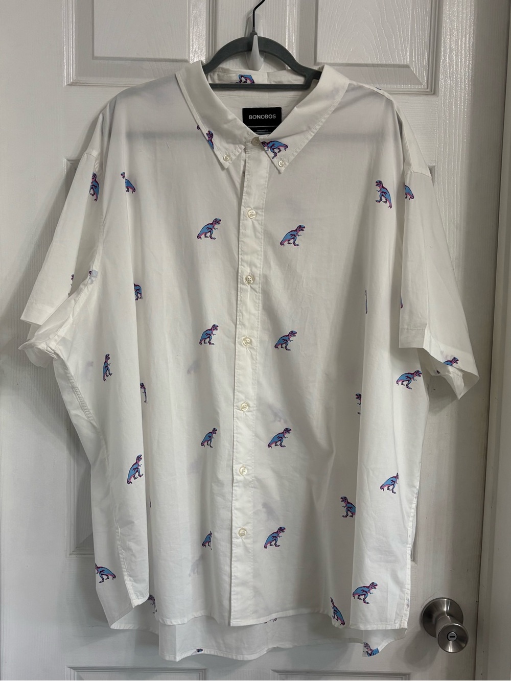 Bonobos White Short-Sleeve Button-Down Cotton Shirt with Blue Dino Motif 4XL